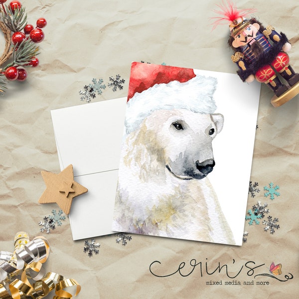 Watercolor Santa Polar Bear Christmas Card~Polar Bear Christmas Card~Arctic Animal Christmas Cards