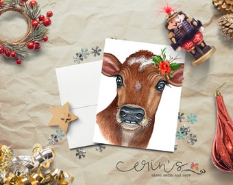 Jersey Cow with Holly Christmas Card~Farm Animal Holiday Stationery~Brown Christmas cow Card