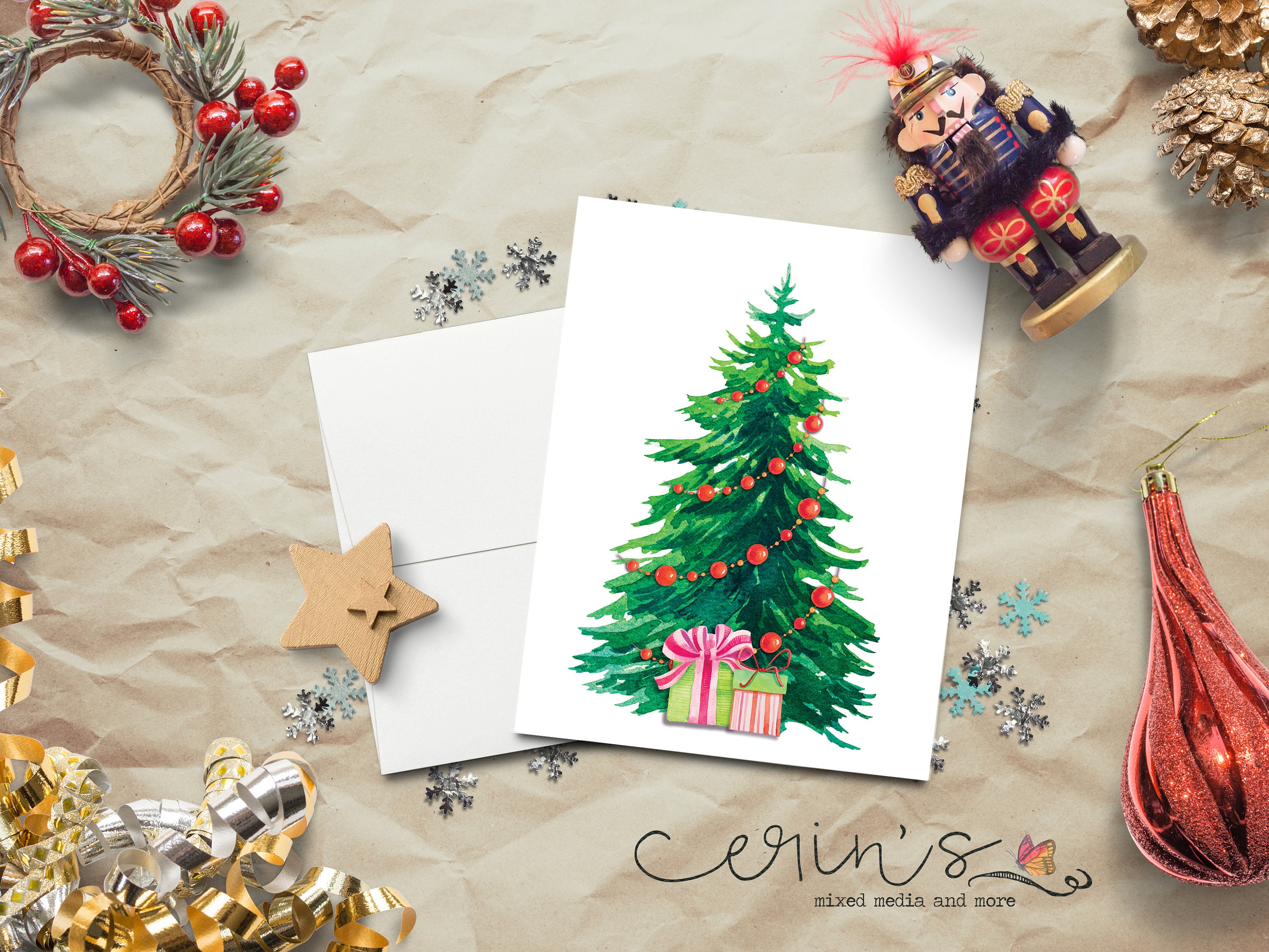 Watercolor Christmas Tree Christmas Greeting Card Envelope - Temu