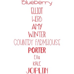 May include: A vertical list of red text on a white background displaying various font styles and names including Hand Serif Font, Blueberry, ELLIOT, WERD, AMY, WINTER, COUNTRY FARMHOUSE, PORTER, Ella, KALE, JOPLIN, and STANLEY in different typefaces.