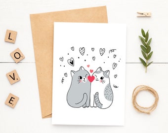 5x7 Two Kitties in LOVE Greeting Card~Cat Valentine Card~Valentine's Day Card for Cat Lover~Hand Drawn Anniversary Greeting Card