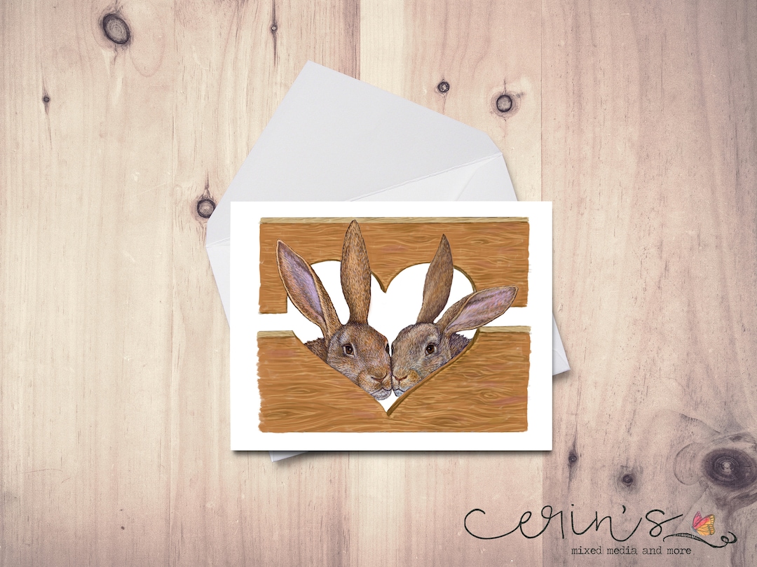 Two Rabbits With a Wooden Heart Painted Rabbit Note Cards~rabbit Gifts ...