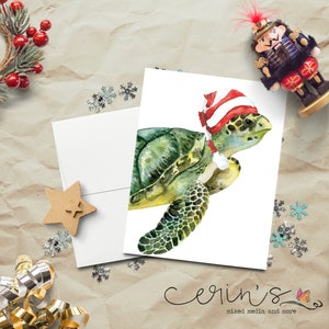 Green Sea Turtle Christmas Card~Exotic Animal Watercolor Holidays Greetings Card~Marine Life Holidays