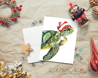 Green Sea Turtle Christmas Card~Exotic Animal Watercolor Holidays Greetings Card~Marine Life Holidays