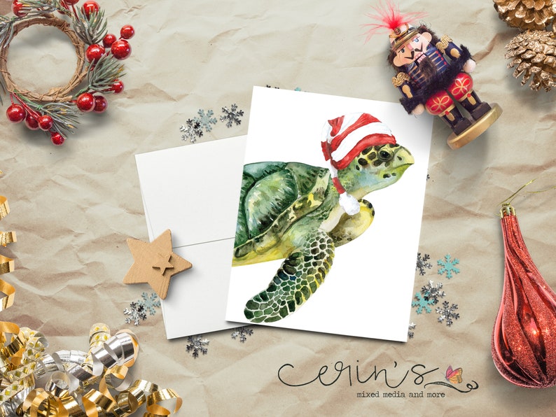 May include: A watercolor illustration of a sea turtle wearing a red and white Santa hat. The turtle is facing right and has a green shell with brown markings. The background is white.