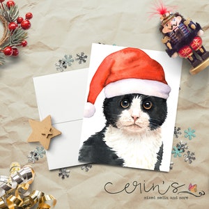 Black and White Santa Cat Christmas Card~Warm and Cozy Holiday Tuxedo Cat Cards~Feline Stationery~Gift for Cat Lady~Cat Christmas Cards