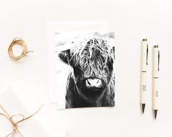 Farmhouse Style Shaggy Cow Note Cards~Black and White Watercolor Note Cards~Single Painted Highland Cow Greeting Card
