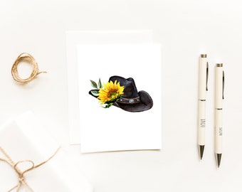 Watercolor Sunflower Cowboy Hat Note Cards, Rustic Western Stationery