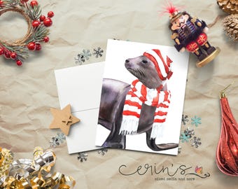 Winter Sea Lion Card~Christmas Fur Seal~Ocean Creature Holiday Stationery~Sea Lion Gifts