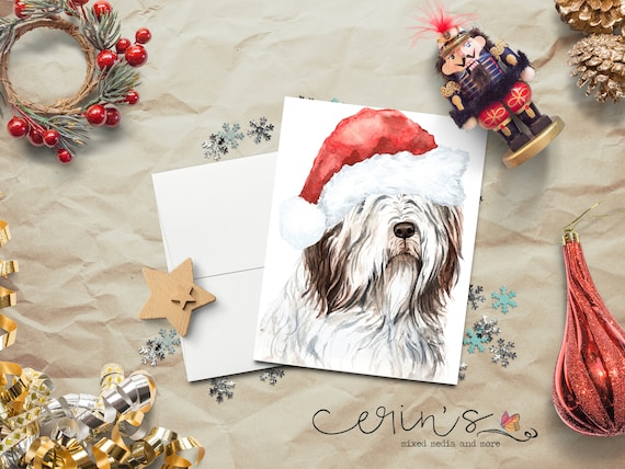 Watercolor Bearded Collie Santa Card~Warm and Cozy Christmas Dog Cards~Canine Stationery~Beardie Gifts~Dog Mom Christmas