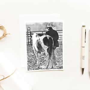 Cowboy and Pony Ink Drawing Folded Note Card ~ Acuarela Blanco y Negro Cowboy ~ Ranch Life Blank Notecards ~ Tarjeta para papá