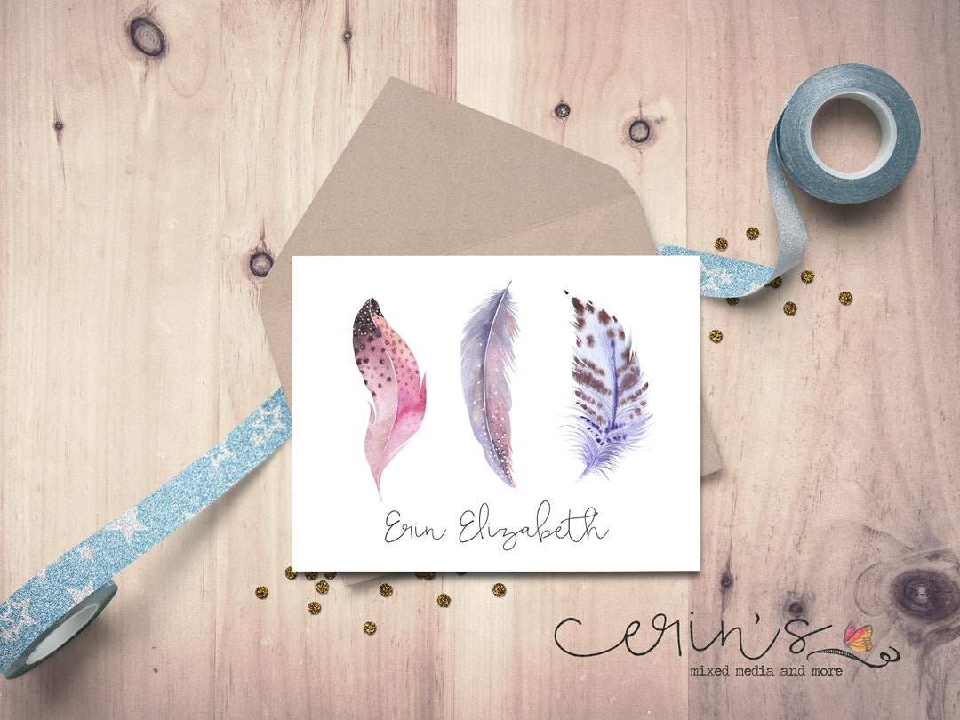 Personalized Watercolor Feather Note Cards With YOUR Name~custom ...