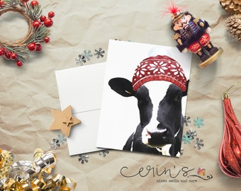 Cozy Cow Christmas Card~Warm and Cozy Holiday Cow Cards~Farm Animal Holiday Stationery