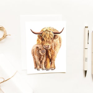 Mama and Baby Highland Cow Card~Watercolor Shaggy Cow Notecard~Baby Farm Animal Greetings~Rustic Thank You Cards~Baby Shower Notes