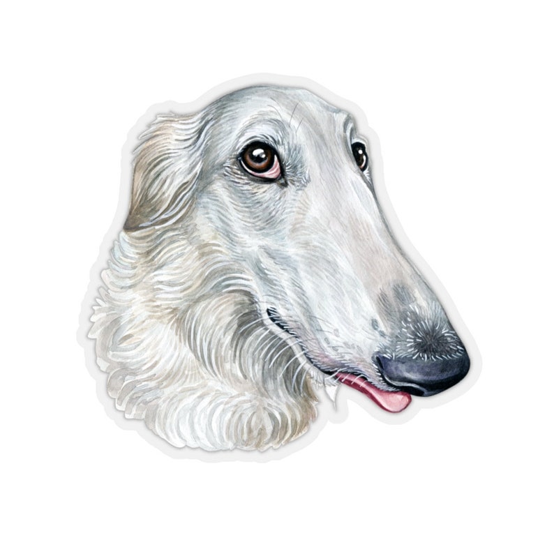 May include: A watercolor painting of a white Borzoi dog with brown eyes. The dog is looking to the right and has its tongue sticking out.