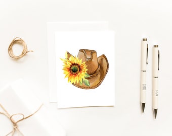 Sunflower Cowboy Hat Note Cards, Rustic Watercolor Greeting Notes