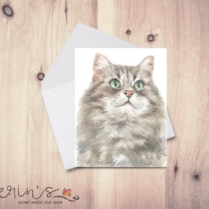 Grey Siberian Cat Card~Watercolor Cat Blank Cards~Feline Stationery~Gift for Cat Lady~Siberian Cat Gifts~Pretty Kitty Cat
