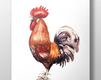May include: Watercolor painting of a rooster with a red comb and wattle, brown and orange feathers, and a blue and gray tail.