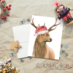 Watercolor Santa Buck Christmas Card~Woodland Animal Christmas Card~Deer in a Santa Hat Card