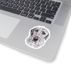 May include: A watercolor illustration of a grey and white Irish Wolfhound dog with a black nose and brown eyes. The dog is looking directly at the viewer.