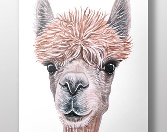 Beige Llama Art Print~Colorful Farmhouse Decor~Watercolor Farmyard Animal Wall Art~Gift for Llama Lady~Llama Painting~Light Llama Face