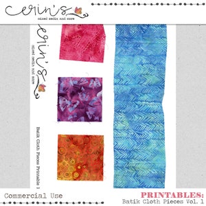 May include: Four printable fabric swatches with different patterns. The swatches are in shades of pink, purple, orange, and blue. The text "PRINTABLES: Batik Cloth Pieces Vol. 1" is at the bottom of the image.