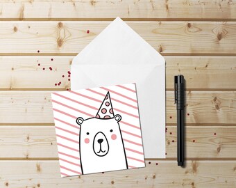 Doodled Bear Birthday Card~Happy Birthday Bear Square Greeting Card~Cards for Kids~Bear Cards