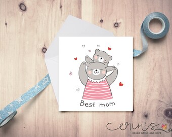 Illustrated Brown Bear Card~Mama and Baby Bear~Illustrated Animal Cards~Happy Mother's Day~Kawaii Bear Gifts~Best Mom Card