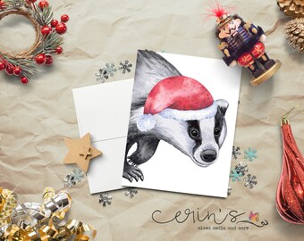 Watercolor Badger Christmas Card~Woodland Animal Cards~Santa Badger Christmas Greeting Cards
