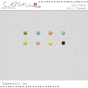 May include: Assortment of tiny flower-shaped brads in various colours, including gold, blue, orange, green, pink, yellow, and black. The brads are arranged in two rows of four. The text "Tiny Brads Vol. 1: Flowers" is at the top of the image.