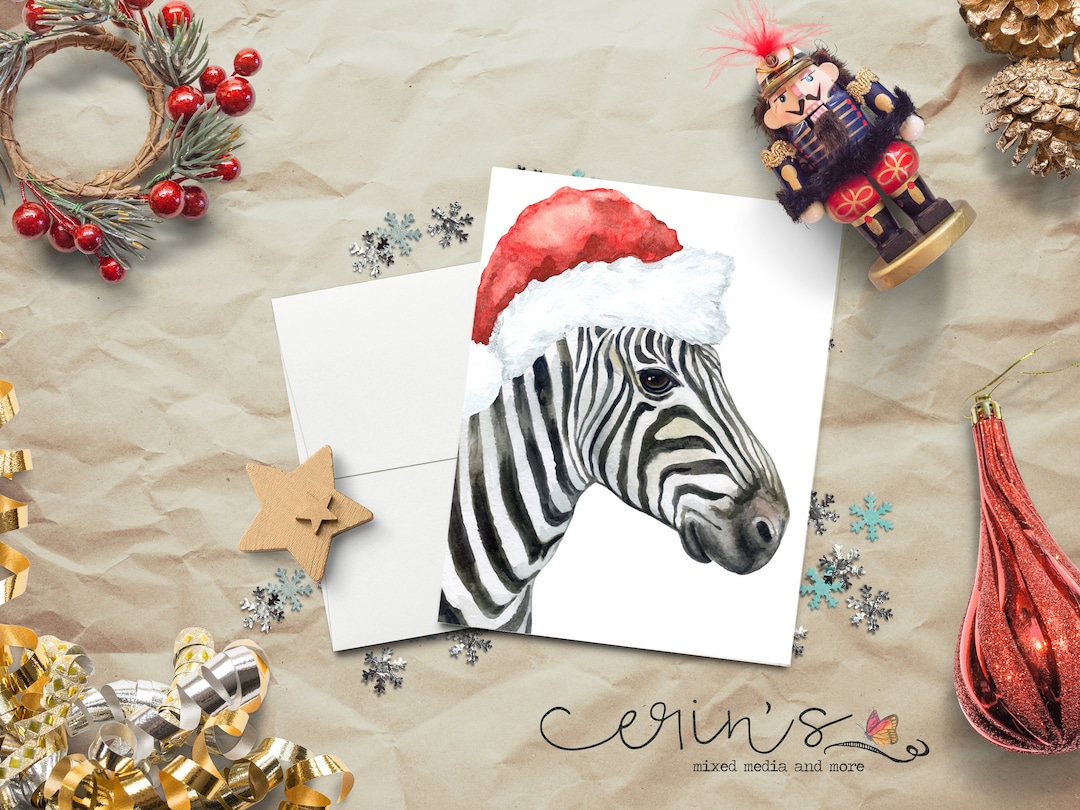 Zebra Christmas Cardzebra Holiday Dressup Cardsexotic Animal Greeting
