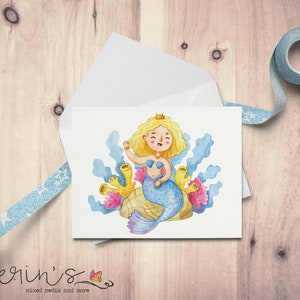 Blonde Mermaid Watercolor Notecard~Cute Mermaid Cards~Gift for Mermaid Lover~Mermaizing Gifts~Curly Haired Girls Gift~Watercolor Mermaid