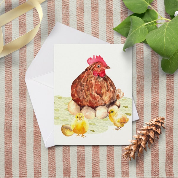 Watercolor Mama Hen and Chicks Farmhouse Notecard~Rustic Animal Greeting Cards~Chicken Blank Cards~Chicken Gifts