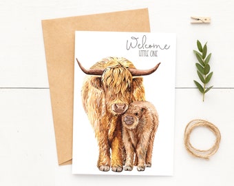 5x7 Watercolor Highland Cow Baby Shower Card~Hello Little One Longhair Cow Notecard~Mom and Baby Animal Cards~Gift for New Mom~Baby Animals