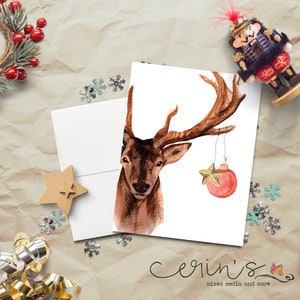 Watercolor Christmas Buck Card~Woodland Animal Christmas Card~Deer with Christmas Ornament
