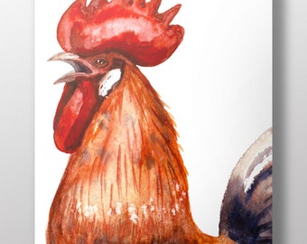 May include: Watercolor painting of a rooster with a red comb and wattle, brown feathers, and a black and white tail. The rooster is looking to the right and has its mouth open as if it is crowing.