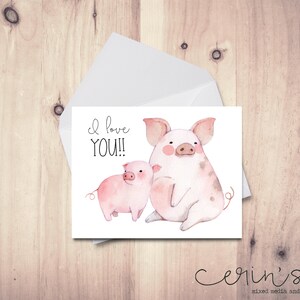 Watercolor Mama Pig Love Card~Farm House I Love You~Farm Animal Cards~Pink Piglet Anniversary Card~Gift for Pig Mama