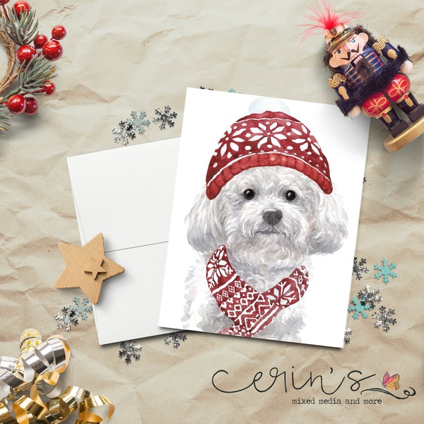 Pure Bred Bichon Frise Christmas Card~Warm and Cozy Holiday Dog Cards~Canine Stationery