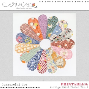 May include: A printable vintage quilt pattern featuring a flower design with 12 petals. Each petal is made of a different fabric with a variety of floral patterns and colors, including red, pink, blue, green, yellow, and orange.