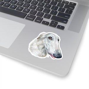 May include: A watercolor illustration of a white Borzoi dog with a pink tongue sticking out. The dog is looking to the right and has a white background.