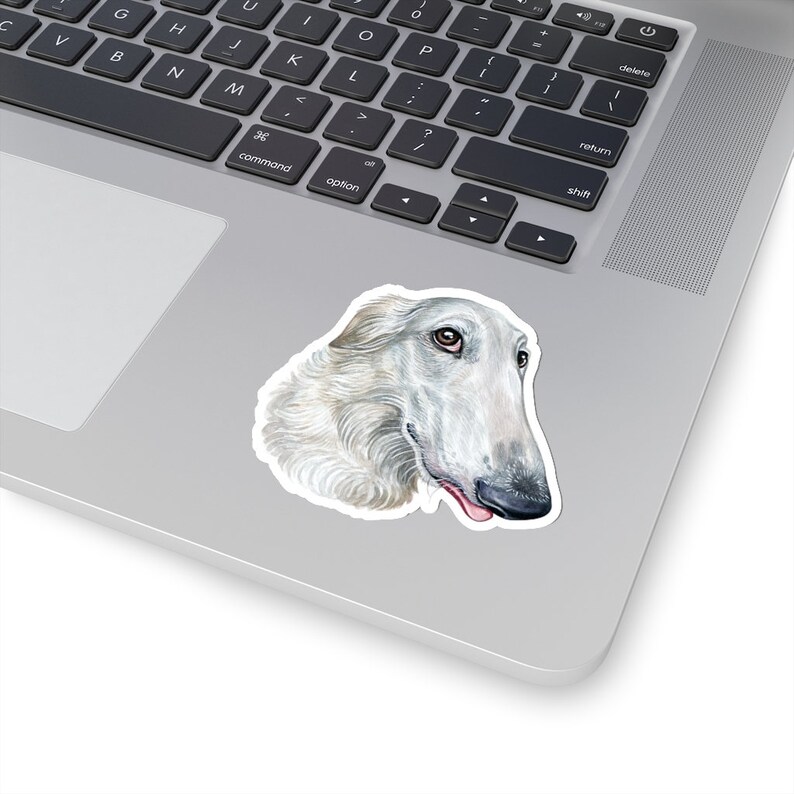 May include: A watercolor illustration of a white Borzoi dog with a pink tongue sticking out. The dog is looking to the right and has a white background.