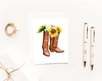 Watercolor Cowboy Boots & Sunflowers Note Cards, Rustic Western Greeting