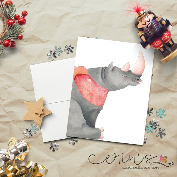 Rhino Christmas Card~Rhinoceros Holiday Dress-up Cards~Exotic Animal Greeting Cards~Chrsitmas at the Zoo~Gift for Rhino lovers