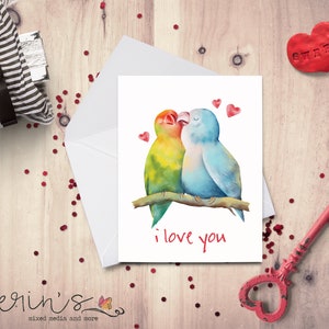 Love Birds Card~Colorful Tropical Bird Greeting Card~Valentines Day Card for Kids~Watercolor Animal Anniversary Cards~Card for Bird Mama