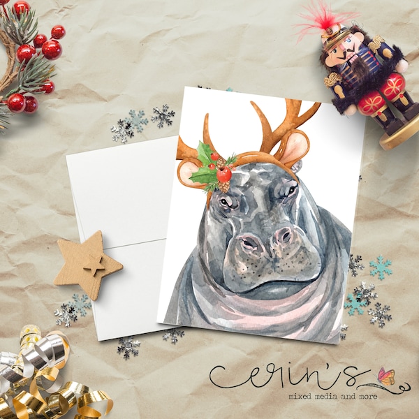 Watercolor Hippo Christmas Card~Hippo Holiday Dress-up Cards~Exotic Animal Greeting Cards