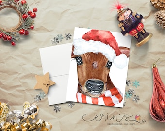 Santa Jersey Cow Christmas Card | Farm Animal Holiday Stationery