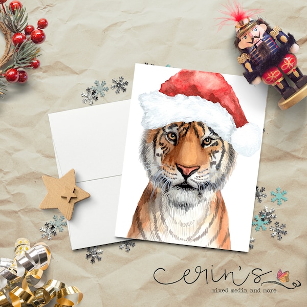 Watercolor Tiger Christmas Card~Big Cat Note Cards~Winter Tiger Christmas Greeting Cards~Tiger Gifts~Jungle Animals Gifts~Tiger Greetings