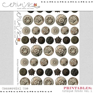 Puede incluir: Una hoja digital de remaches antiguos imprimibles en varios diseños y acabados, incluyendo plata, oro y cobre. Los remaches están dispuestos en una cuadrícula sobre un fondo blanco. El texto "PRINTABLES: Antique Brads Vol. 1" está en la parte inferior de la hoja.