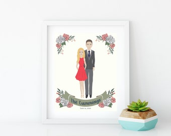 Printable Custom Couple Portrait~Digital Anniversary or Engagement Portrait with Roses and Hydrangea~Illustrated Couples Portrait Gift