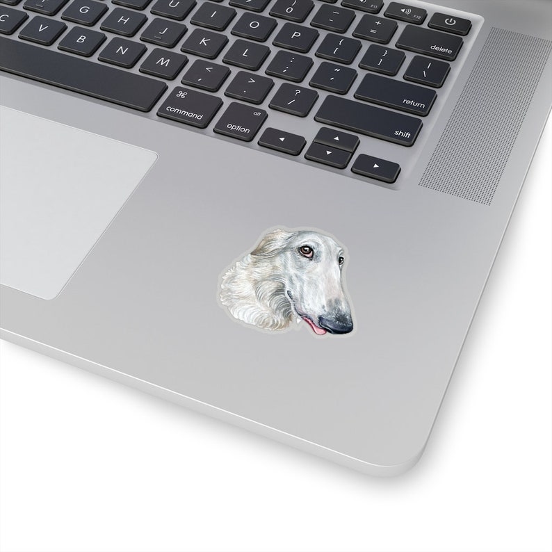 May include: A watercolor painting of a white Borzoi dog with its tongue sticking out. The dog is looking to the right of the image.